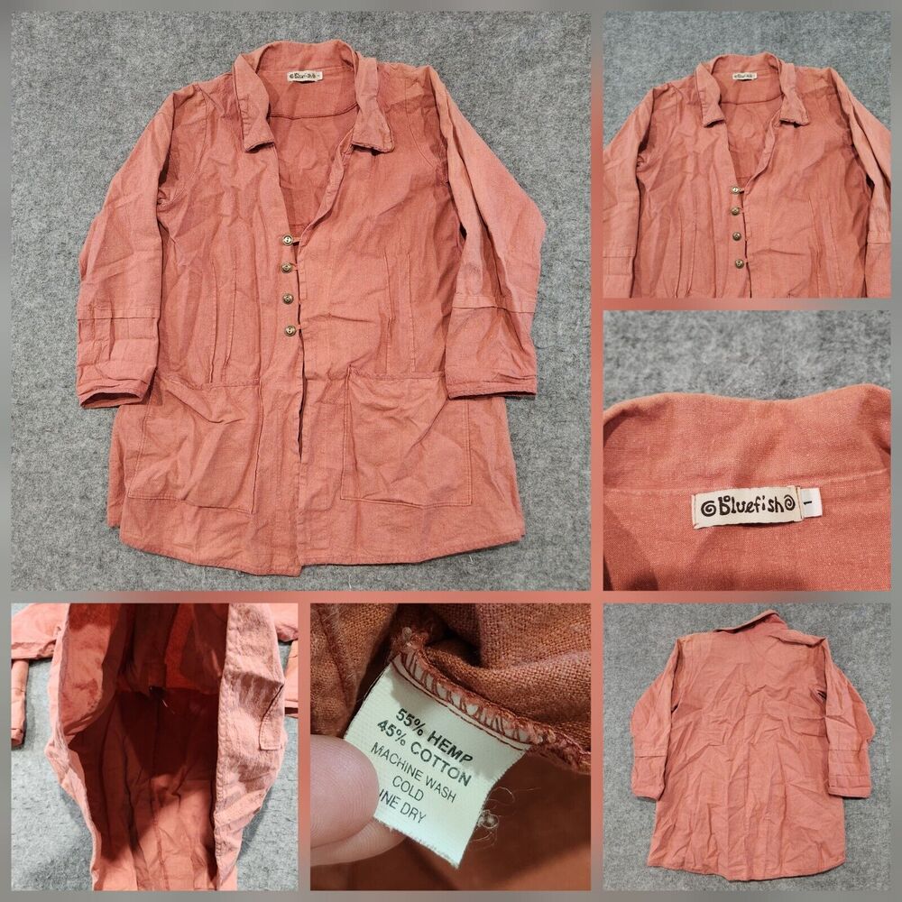 VTG Bluefish Womens 1 Hemp Linen Red Button Up Shirt Jacket Oversized